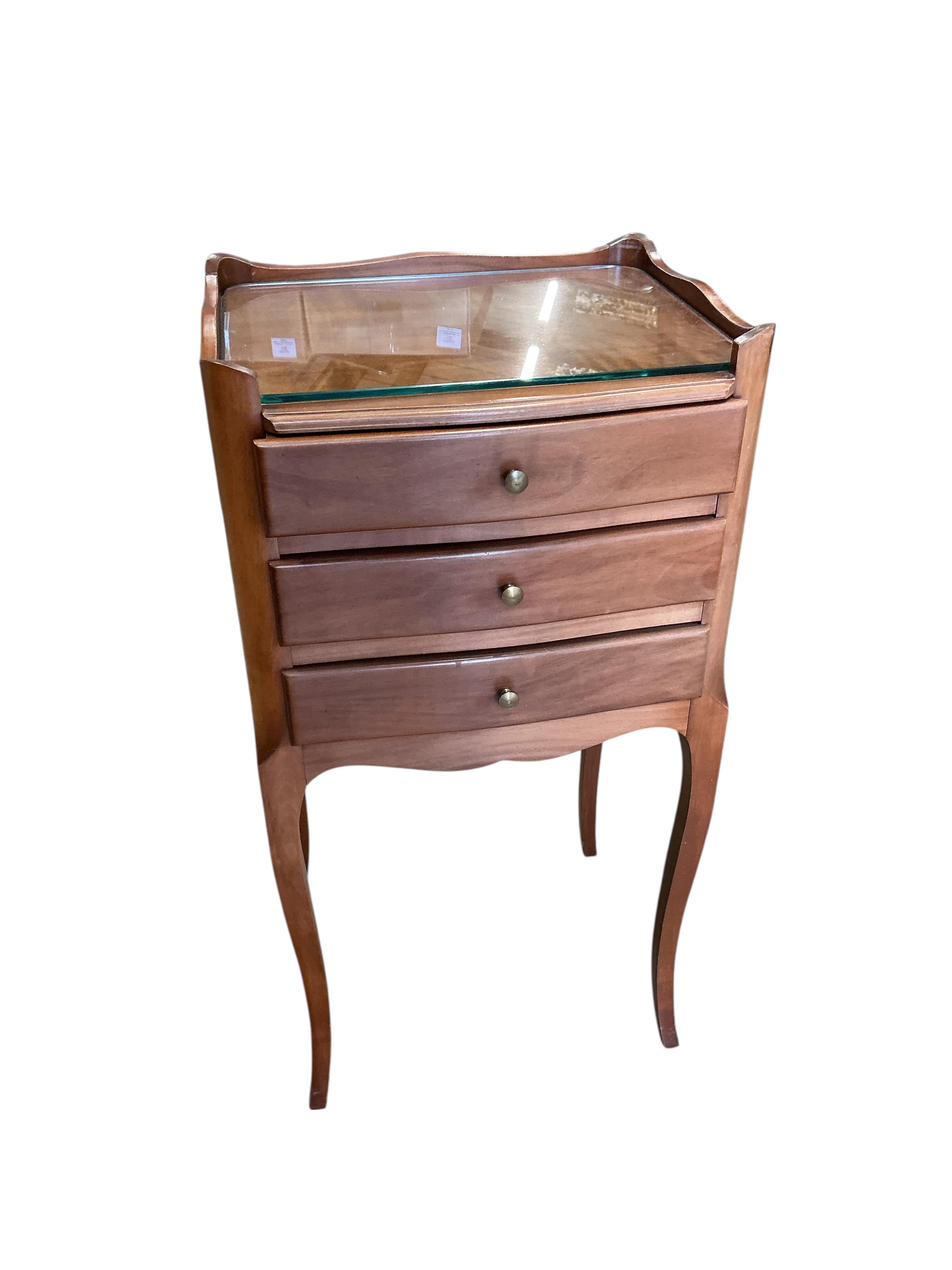 Two French cherry bedside cabinets, width 38cm, depth 29cm, height 73cm